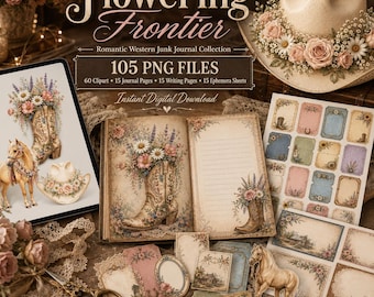 Flowering Frontier Junk Journal Kit, Western Cowgirl Ephemera, Floral Cowboy Boots Clipart, Digital Download