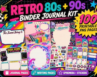 May include: A digital kit featuring 100 printable PNG pages for a retro 80s and 90s themed binder journal. The collection includes colorful writing pages, journal sheets, stickers, and ephemera with graphics of dolphins, rainbows, and arcade games.