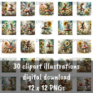 Feenhafte Clipart Sammlung - 30 zauberhafte Illustrationen von Feen auf Pilzen umgeben von Blumen
