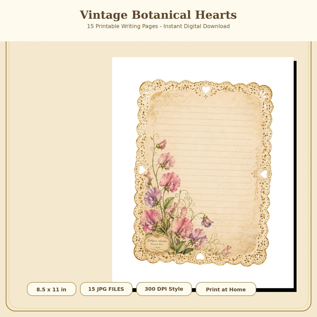 Vintage Botanical Hearts Writing Paper, Floral Lined Stationery ...