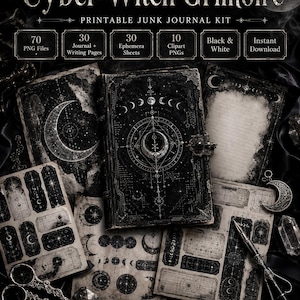 May include: A printable junk journal kit titled Cyber Witch Grimoire featuring 70 PNG files, 30 journal pages, 30 ephemera sheets, and 10 clipart PNGs. The black and white collection includes celestial moon designs, intricate geometric patterns, and vintage-style stationery elements for creative projects.