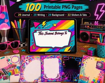 Retro 80s 90s Junk Journal Kit, Nostalgic Neon School Binder Ephemera (Digital Download)