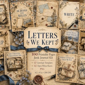 Op de afbeelding: Een digitale junk journal kit met 100 printbare pagina's, 12 envelopsjablonen en 12 open-wanneer-vellen in PNG-formaat. De collectie toont briefpapier in vintage-stijl, brieven en bloemmotieven met de tekst Letters We Kept.