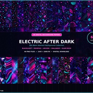 May include: A collection of 60 digital background papers titled Electric After Dark, featuring 80s neon abstract patterns in shades of purple, blue, and pink. The set includes 60 PNG files at 1545 x 2000 px, showcasing geometric shapes, grids, and light effects.
