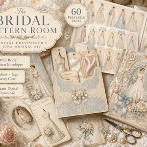 Puede incluir: El kit de junk journal The Bridal Pattern Room incluye 60 páginas imprimibles, mini sobres de patrones de novia, bolsillos, etiquetas y recortes. Presenta ilustraciones de vestidos de novia, motivos florales y encajes de estilo vintage.