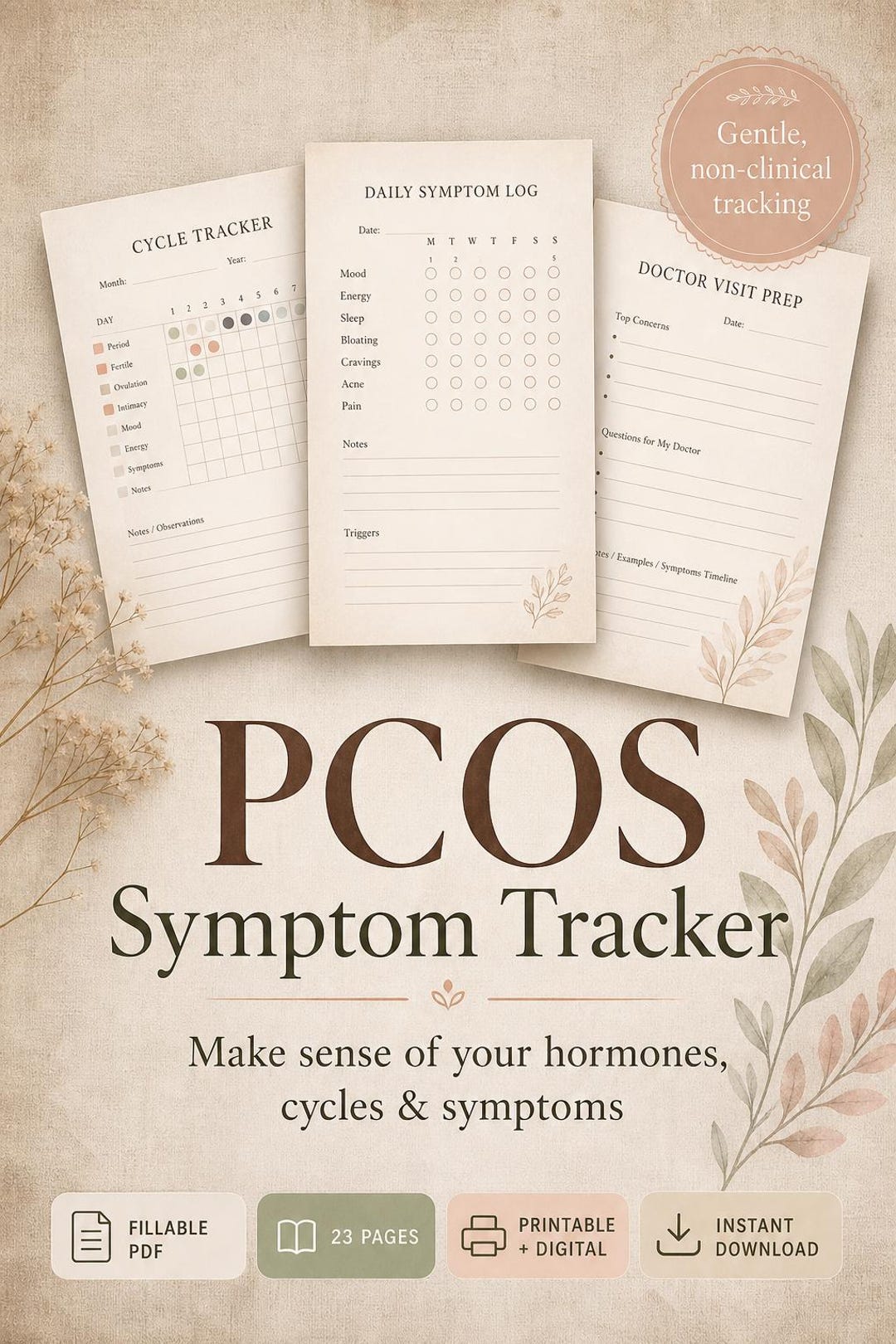 PCOS Symptom Tracker | Hormone Health Journal | Vintage (fillable PDF ...