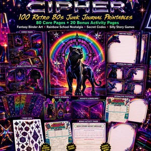 Printable Junk Journal Kit 80s Fantasy | Neon Cipher Ephemera Activity Pages, Digital Download