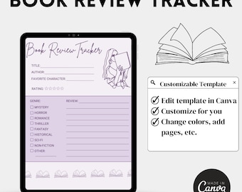 Book Review Tracker || Reading Log, Reading Goals, Book Log, Book Review Template, Reading Journal, Editable template, Canva Template, TBR