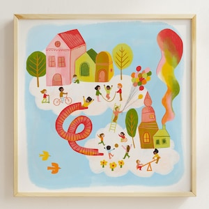 Città tra le nuvole - Stampa fantasy per bambini giocosi, opera d'arte stravagante di città nel cielo, arredamento da sogno per la cameretta dei bambini, arte murale fantasiosa