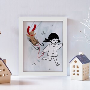 Joyeuse promenade en traîneau en hiver - affiche Montessori, enfant avec ours en peluche, jeux d'hiver, oeuvre d'art pour chambre d'enfant