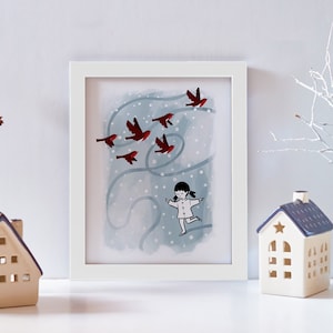 Maravillas invernales - Póster Montessori, Niño patinando sobre hielo, Decoración navideña, Arte para habitación infantil