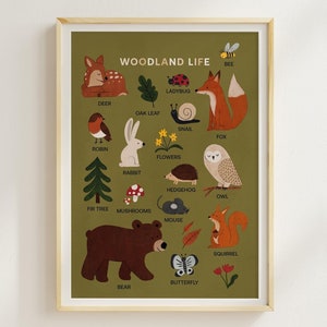 Póster de vida en el bosque: arte de pared divertido y educativo sobre el bosque, linda decoración para la habitación de los niños, impresión de aprendizaje Montessori con nombres de animales