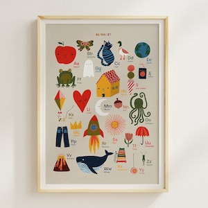 Art mural éducatif alphabet illustré à la main pour les crèches, les salles de classe et les environnements Montessori - Déco pour chambre d'enfants