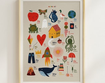 Hand-Illustrated Educational Alphabet Wall Art for Nurseries, Classrooms, and Montessori Environments - Kids Room Decor