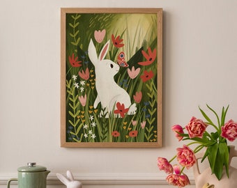 Rabbit and Butterfly Spring Poster - Cute Nursery Wall Art, Kids' Room Decor, Children’s Room Art, Whimsical Art, Nature Wall Art
