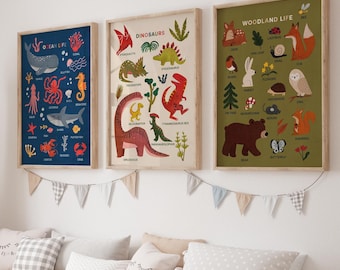Set of 3 Montessori Educational Wall Art Bundle - Dinosaur, Ocean Life, and Woodland Animals Posters with Names, Digital Download