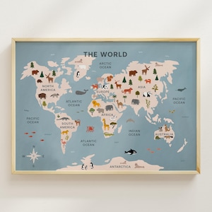 Weltkarte Tiere Poster - Illustrierte Kontinente & Wildtiere, Montessori Geographie Wandkunst, Horizontaler Lerndruck, Kinderzimmer Dekor