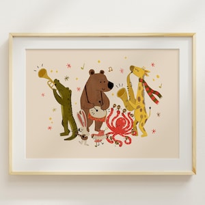 Tiermusik Parade - Wunderliche Wandkunst für Kinder, Musikalischer Tierdruck, Kinderzimmerdekor, Spielzimmerkunstwerk, Babyparty inspiriertes Geschenk