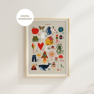 Hand-Illustrated Educational Alphabet - Wall Art for Nurseries, Classrooms, and Montessori Environments, Digital Download