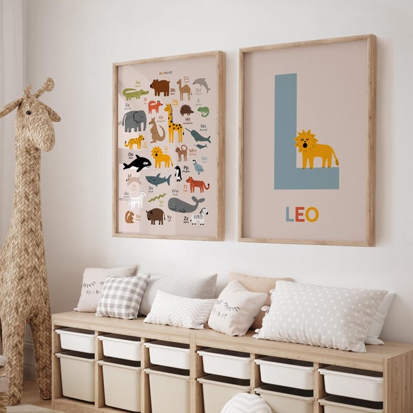 Personalized Animal Alphabet Nursery Prints: Custom Name Wall Art, Set of 2