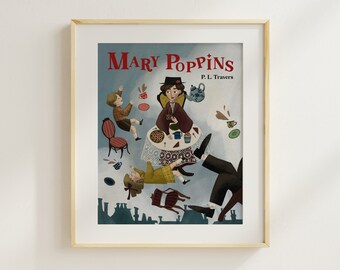 May include: A vintage book cover illustration for "Mary Poppins" by P.L. Travers. The illustration features Mary Poppins, a young boy, and a girl floating in the air with a teacup and saucer. The background is a light blue with a white cloud.