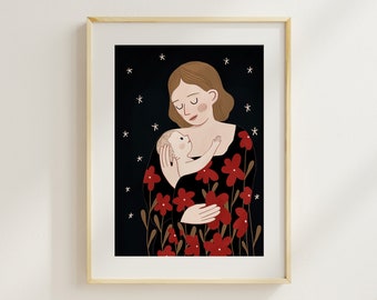 Mother's Hug - Mother's Day Art, Motherhood Illustration, Nursery Decor, Floral Art, Love Art