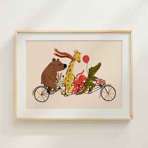 Whimsical Animal Bike Parade Print: Colorful Nursery Wall Art, Montessori Kids Room Deco