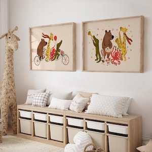 Animal Parade Wall Art Bundle - Digital Download Prints, Musik & Fahrrad Tier Kunst für Kinder, Kinderzimmer Dekor, Spielzimmer Printable Set