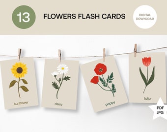 Flower Flash Cards - Hand-Illustrated, Montessori Digital Download, Nursery Decor, Educational Printable Cards, Nature Study