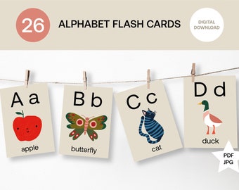 Alphabet Flash Cards - Hand-Illustrated, Montessori Digital Download, Nursery Decor, Educational Printable Cards, Pre-School Cards