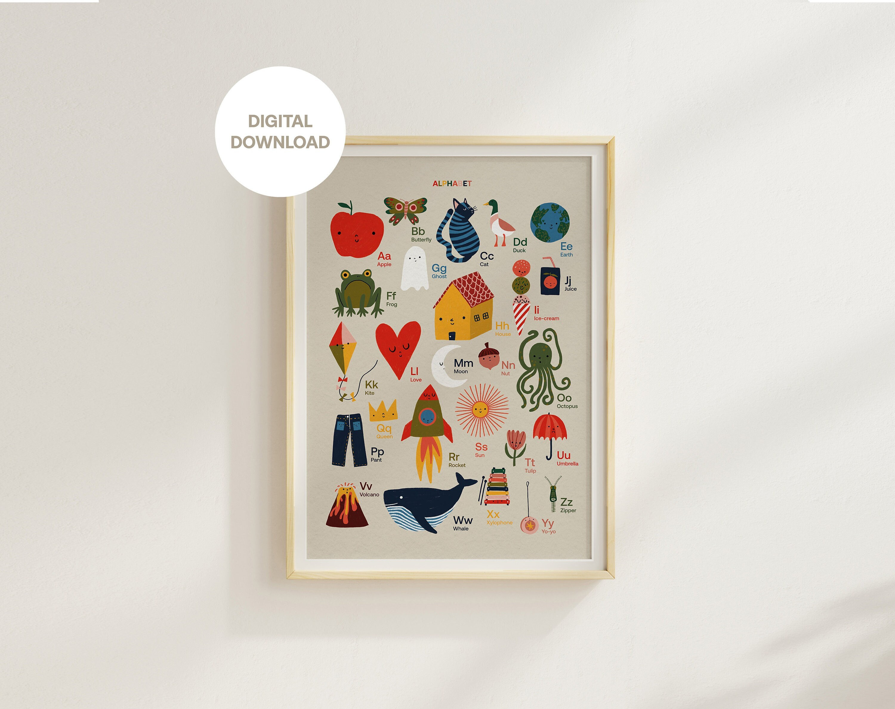 Hand-Illustrated Educational Alphabet - Wall Art for Nurseries, Classrooms, and Montessori Environments, Digital Download