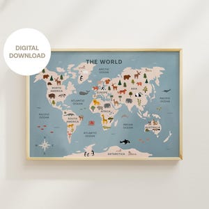 Weltkarte Tiere Poster zum Download - Illustrierte Kontinente & Wildtiere, Montessori Geographie Wandkunst, horizontaler Lerndruck