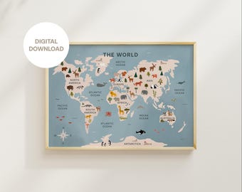Digital Dowload World Map Animals Poster - Illustrated Continents & Wildlife, Montessori Geography Wall Art, Horizontal Educational Print
