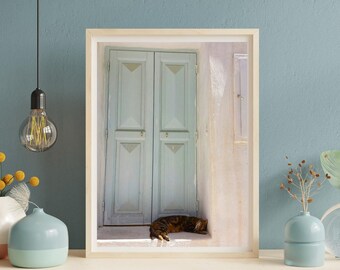 Sleeping Cat Mykonos Greece Wall Art Zen Digital Print Download Room Decor