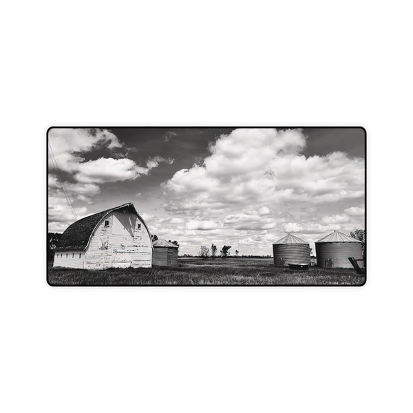 Desk Mat Mouse Pad Black White Barn Silo Clouds Grass Farmhouse Office Gaming Workspace Browsing Digital Photograph Finished Product