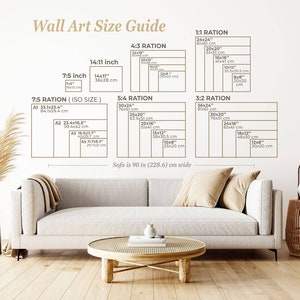 May include: A wall art size guide with different ratios and measurements in inches and centimetres. The guide shows the dimensions of various sizes of wall art, including 7:5, 5:4, 4:3, 3:2, and 1:1 ratios. The guide also includes the text "Sofa is 90 in (228.6) cm wide".