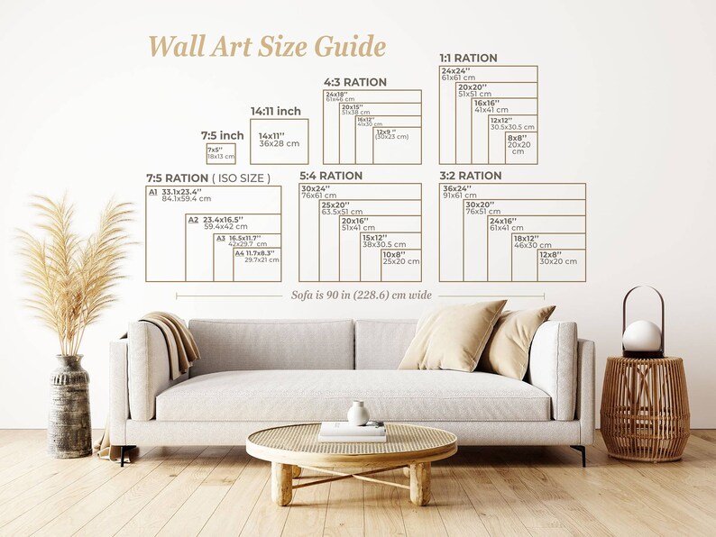 May include: A wall art size guide with different ratios and measurements in inches and centimetres. The guide shows the dimensions of various sizes of wall art, including 7:5, 5:4, 4:3, 3:2, and 1:1 ratios. The guide also includes the text "Sofa is 90 in (228.6) cm wide".