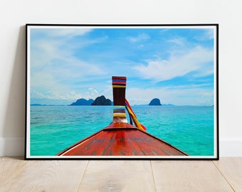 Îles thaïlandaises Longtail Boat Beach House Art mural zen en téléchargement numérique, décoration murale imprimable pour ordinateur, papier peint pour téléphone, Asie du Sud-Est