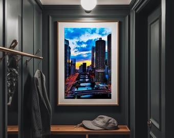 Chicago River Downtown Sunset Wall Art Digital Printable Windy City Download