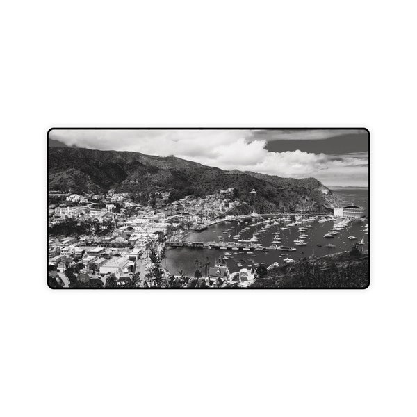 Desk Mat Mouse Pad Black White Island Clouds Harbor Boats Catalina Office Gaming Workspace Browsing Digital Photograph Finished Product