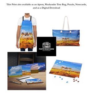 May include: A collection of products featuring a landscape photograph of a yellow gate labeled Circle View Ranch under a blue sky. Items include an apron, a tote bag, notecards, and a jigsaw puzzle, all displaying the same scenic desert image.