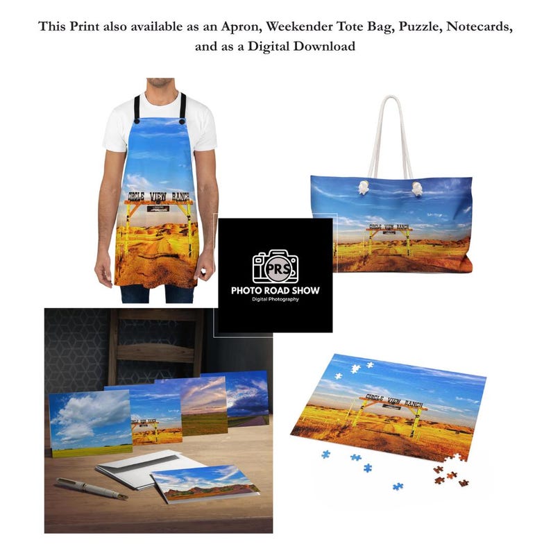 May include: A collection of products featuring a landscape photograph of a yellow gate labeled Circle View Ranch under a blue sky. Items include an apron, a tote bag, notecards, and a jigsaw puzzle, all displaying the same scenic desert image.