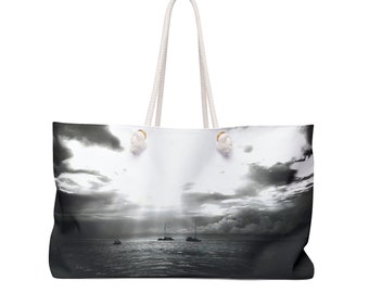 Key West Sunset Weekender Tote: Black & White Travel Bag with Rope Handles