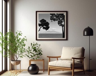 Mt. Vesuvius and Naples Black and White Wall Art Digital Print Download Room Decor Italy