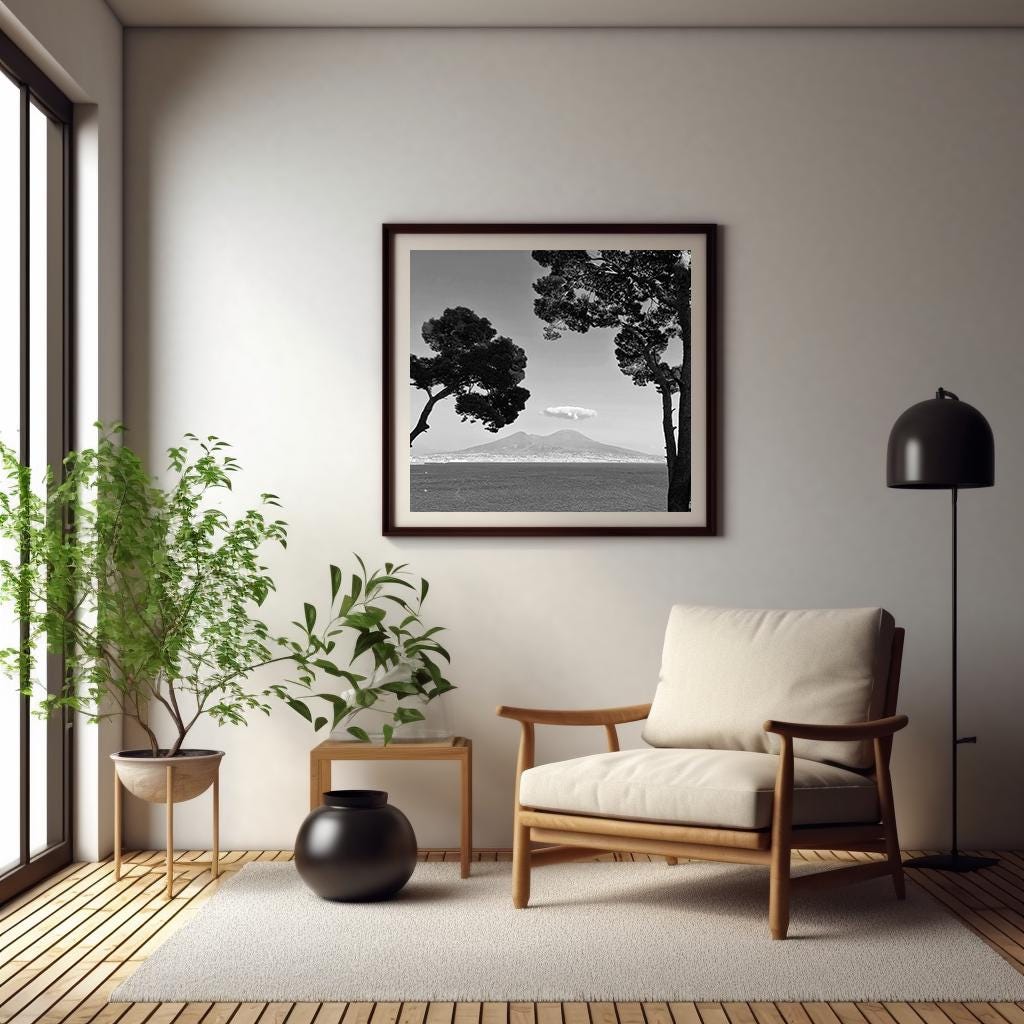 Mt. Vesuvius and Naples Black and White Wall Art Digital Print Download Room Decor Italy