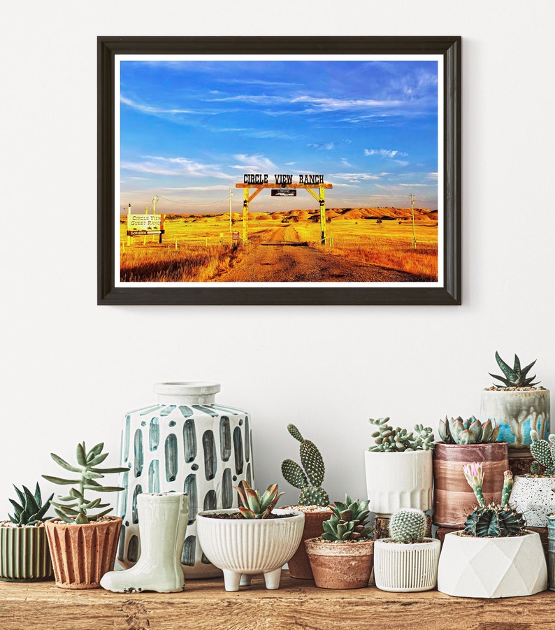 May include: A framed photograph of a rustic wooden gate with the words "Circle View Ranch" on a sign above it. The gate is open and leads to a dirt track that disappears into the distance. The background is a field of golden grass under a bright blue sky with fluffy white clouds.