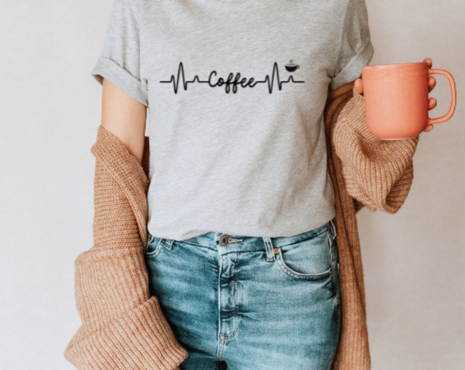COFFEE HEARTBEAT, Coffee Lovers SHIRT, Short Sleeve Tee , Soft Cotton Shirt, Printed Casual Comfy Unisex T-Shirt