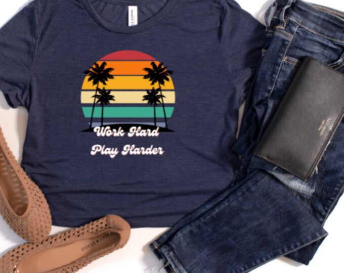 WORK HARD CROP Top, Statement Shirt, Soft Cotton Shirt, Work Hard, Play Harder Flowy Short Sleeves, Retro Beach Vibes, Women Cropped Tee