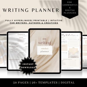 May include: A digital writing planner with a neutral color scheme. The planner includes templates for writers, authors, and creatives. The text on the planner reads "Writing Planner", "My Writing Mindset Planner", and "Instant Download".