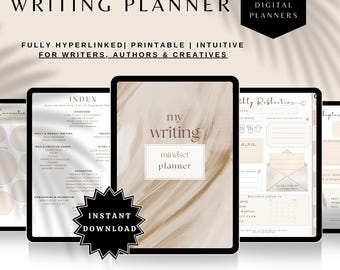 May include: A digital writing planner with a neutral color scheme. The planner includes templates for writers, authors, and creatives. The text on the planner reads "Writing Planner", "My Writing Mindset Planner", and "Instant Download".